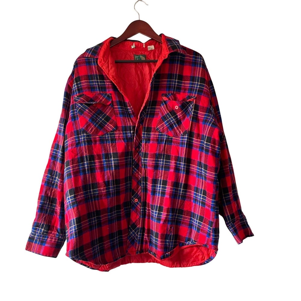 Vintage Red Blue Plaid Quilted Flannel Shirt Jacket Mens XL Shacket distressed